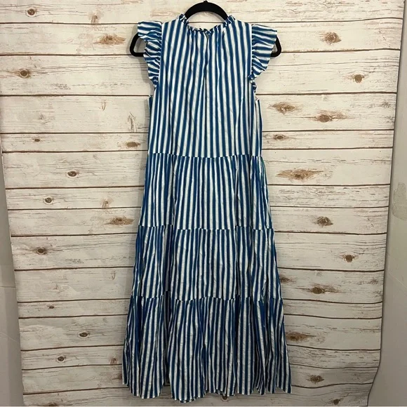 J Crew Blue White Striped Tiered Cotton Dobby MIDI Tank Dress - Picture 4 of 6